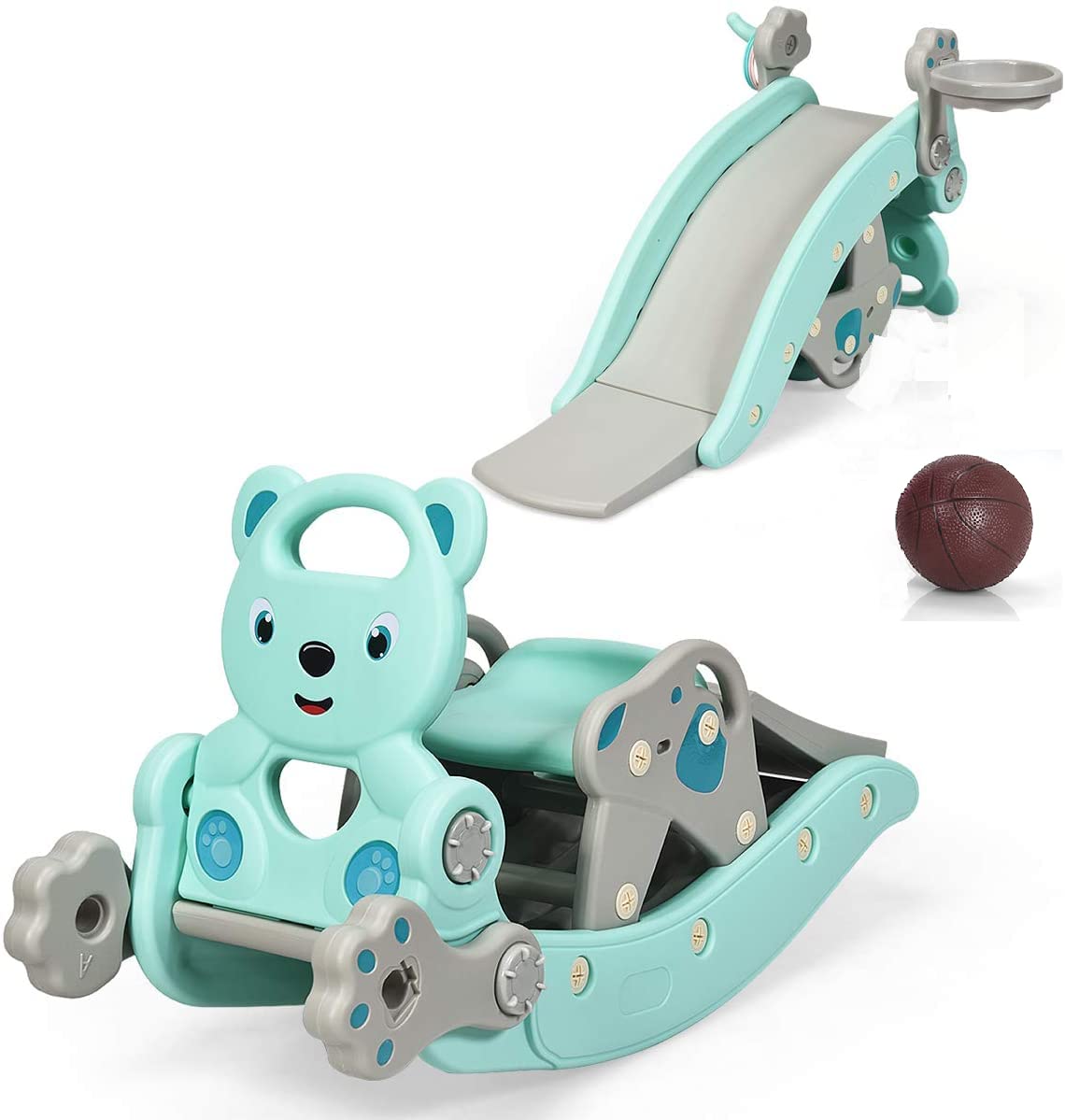 Elvarahouse™ 5-in-1 Kids Slide and Rocking Toy – Foldable Toddler Climber with Basketball Hoop and Ring Toss