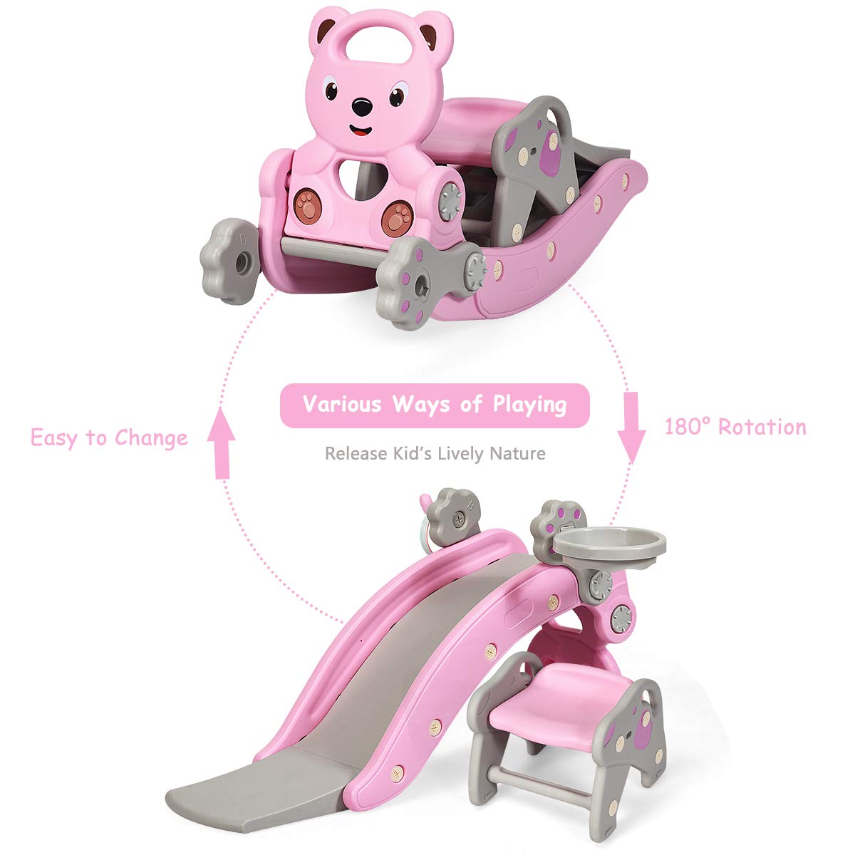 Elvarahouse™ 5-in-1 Kids Slide and Rocking Toy – Foldable Toddler Climber with Basketball Hoop and Ring Toss