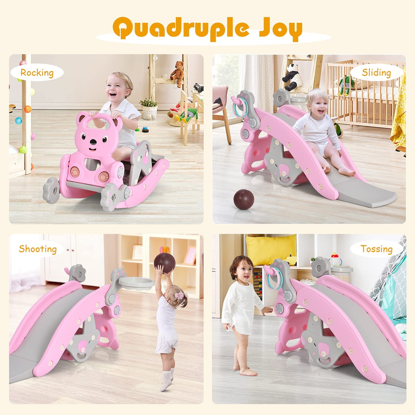 Elvarahouse™ 5-in-1 Kids Slide and Rocking Toy – Foldable Toddler Climber with Basketball Hoop and Ring Toss