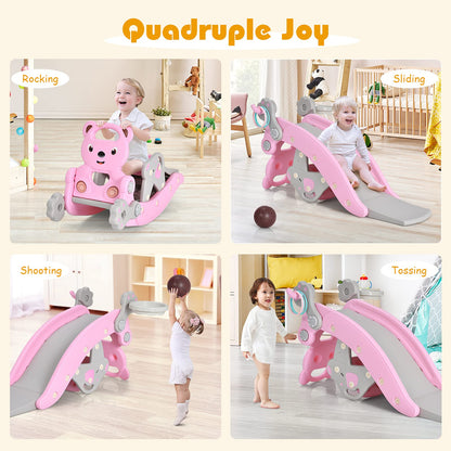 Elvarahouse™ 5-in-1 Kids Slide and Rocking Toy – Foldable Toddler Climber with Basketball Hoop and Ring Toss