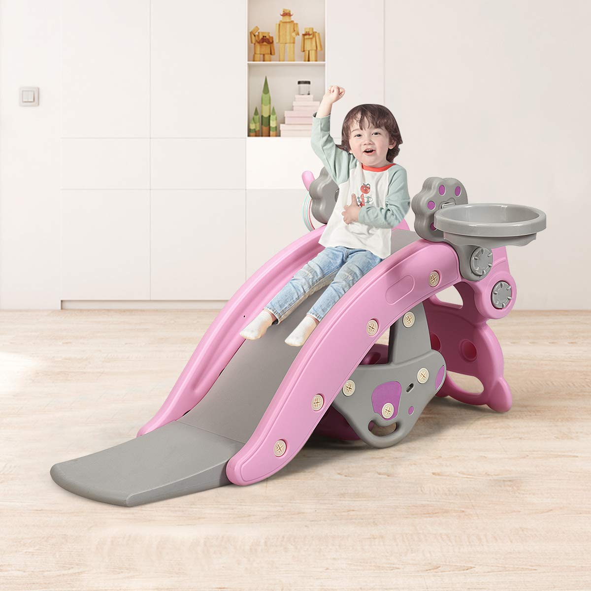 Elvarahouse™ 5-in-1 Kids Slide and Rocking Toy – Foldable Toddler Climber with Basketball Hoop and Ring Toss