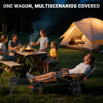 2-in-1 Collapsible Garden Wagon & Beach Chair – 650lbs Heavy Duty Folding Utility Cart with All-Terrain Wheels for Camping, Grocery & Outdoor Use
