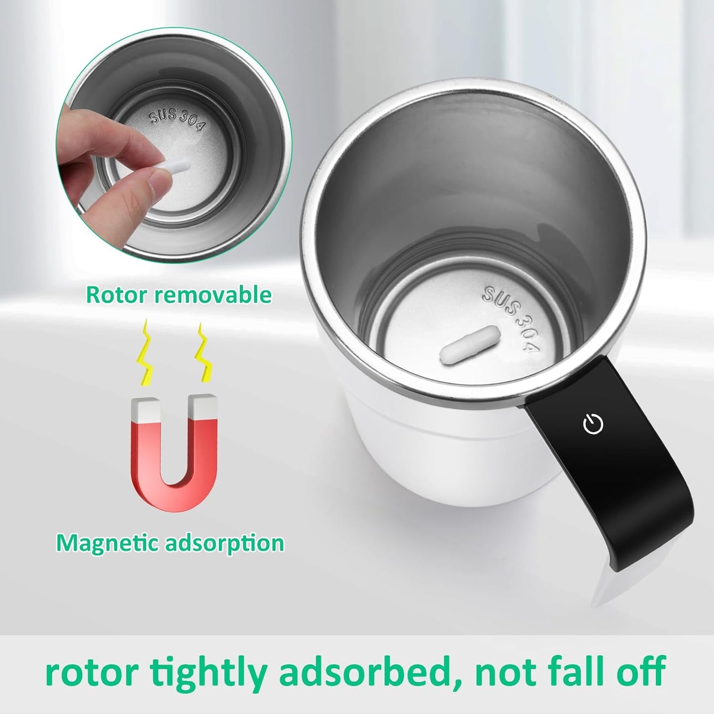 Self Stirring WHITE Mug. Auto Magnetic Coffee Mug with LED Display Temperature. Rechargeable Automatic Stirring Cup. 12oz Self Mixing Cup with Lid To Stir Coffee Mixed Milk at Desk Use
