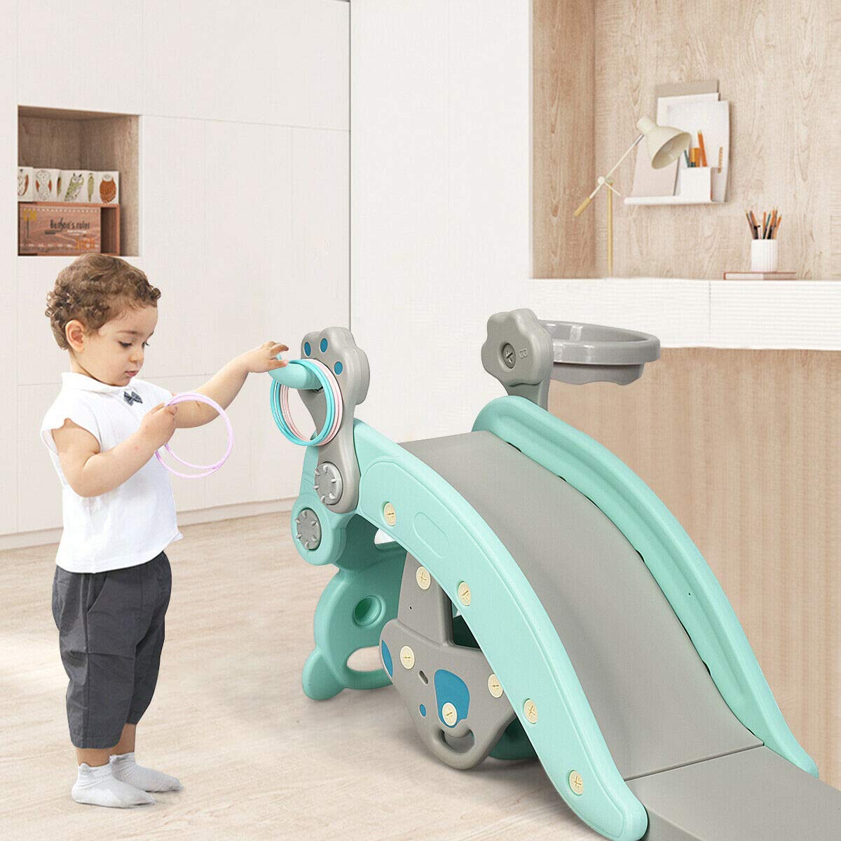 Elvarahouse™ 5-in-1 Kids Slide and Rocking Toy – Foldable Toddler Climber with Basketball Hoop and Ring Toss