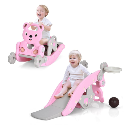 Elvarahouse™ 5-in-1 Kids Slide and Rocking Toy – Foldable Toddler Climber with Basketball Hoop and Ring Toss