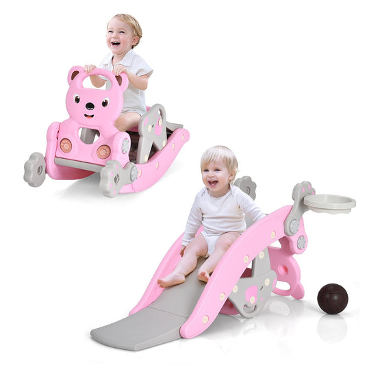 Elvarahouse™ 5-in-1 Kids Slide and Rocking Toy – Foldable Toddler Climber with Basketball Hoop and Ring Toss